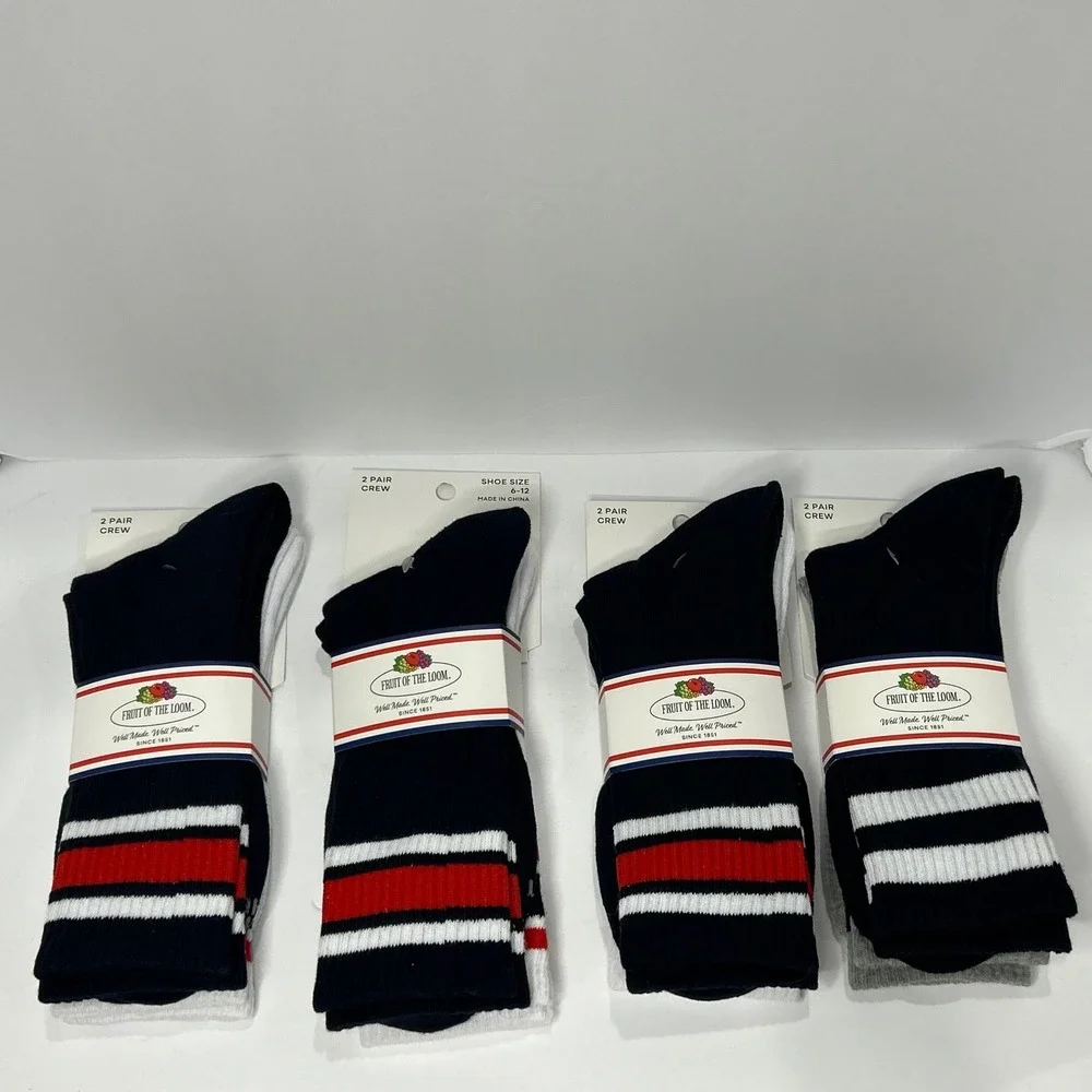 Fruit of the Loom 8 Pair Crew Socks Varsity Stripe Navy Red White Shoe Size 6-12